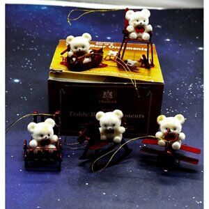 5 Chadwick Teddy Bear Ornaments Red Rocking Horse Chair Boat Airplane Stroller